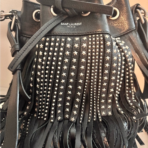 Saint Laurent Emmanuelle Small Black Leather Star Studded Fringe Bucket Bag